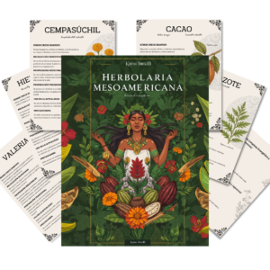 ortada ilustrada de la guía Herbolaria Mesoamericana de Kalma Tonalli en formato PDF, acompañada de fichas de plantas medicinales como cempasúchil, cacao, epazote y valeriana. Guía espiritual y ancestral sobre plantas sagradas, rituales y medicina tradicional indígena.