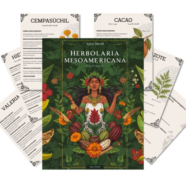 ortada ilustrada de la guía Herbolaria Mesoamericana de Kalma Tonalli en formato PDF, acompañada de fichas de plantas medicinales como cempasúchil, cacao, epazote y valeriana. Guía espiritual y ancestral sobre plantas sagradas, rituales y medicina tradicional indígena.