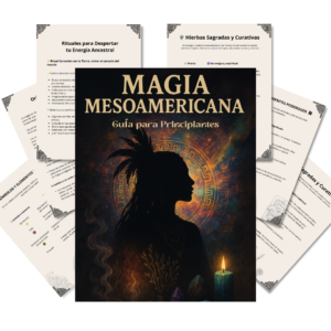 Portada y páginas interiores de una guía PDF descargable titulada "Magia Mesoamericana: Guía para Principiantes", con diseño místico que incluye una silueta femenina, símbolos ancestrales, velas, cristales y textos sobre rituales, hierbas sagradas y elementos mágicos.