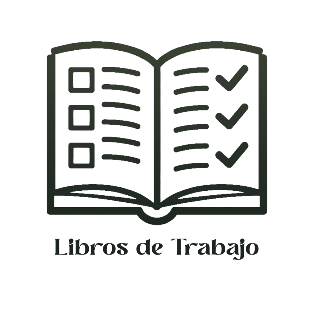icono_libros_de_trabajo Icono de libros de trabajo con íconos de lista de tareas y verificación, representando herramientas prácticas para desarrollo personal, introspección y evolución espiritual guiada