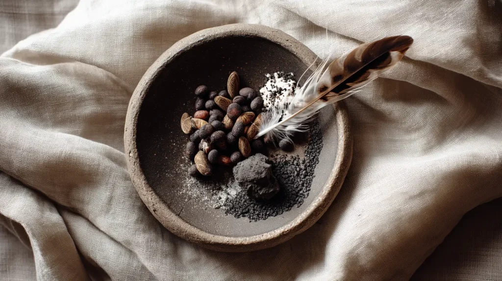 cacao y copal Fotografía ritual vista desde arriba con copal encendido, granos de cacao sagrado y pluma de guacamaya sobre mantel de algodón crudo. Escena espiritual con elementos mesoamericanos en fondo neutro y luz suave, ideal para rituales de conexión ancestral y vibración alta