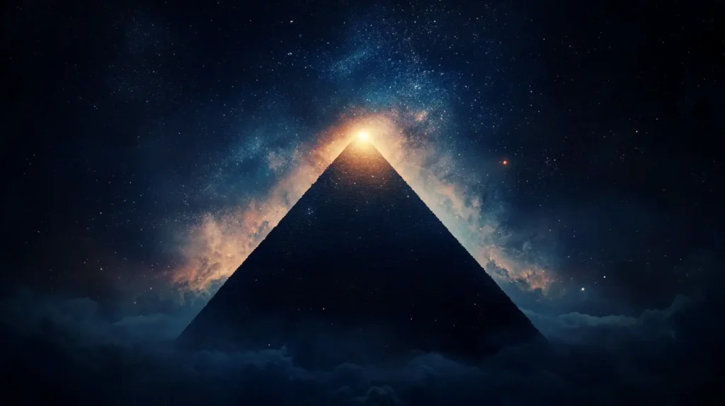 despertar_espiritual Pirámide iluminada en la cima bajo un cielo estrellado, simbolizando el despertar espiritual y la conexión entre el cosmos y la conciencia ancestral