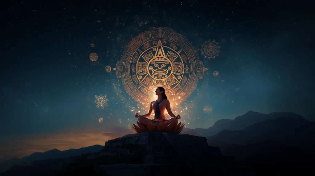 Mujer meditando sobre una pirámide con símbolos solares y calendario azteca brillando detrás, representando el despertar espiritual y la conexión con el tonalli según la sabiduría mesoamericana"
