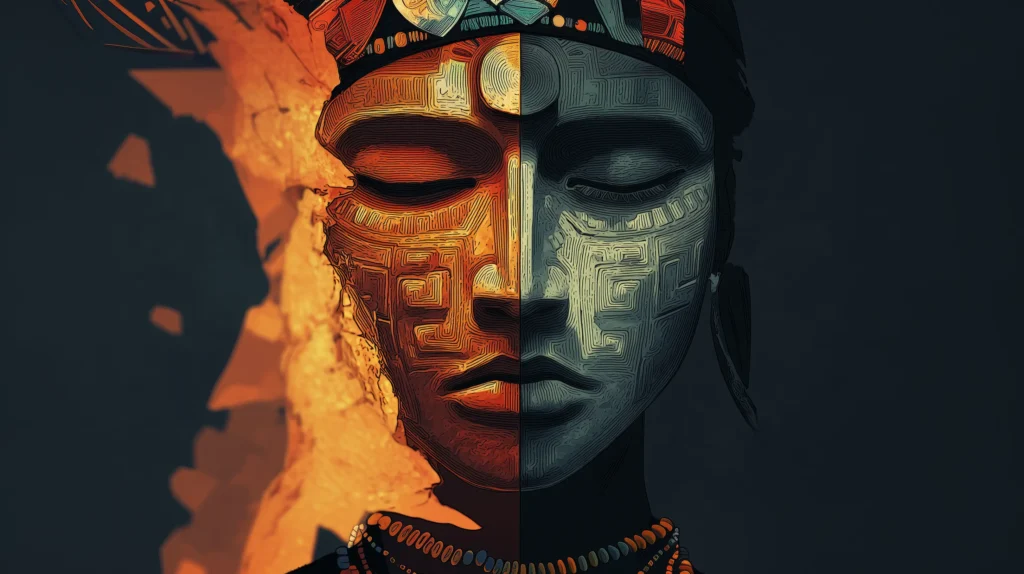 dualidad Ilustración mesoamericana de rostro dividido que representa la dualidad de Ometéotl: mitad con pintura ritual azteca iluminada por fuego, y mitad serena en la luz del amanecer. Arte espiritual que simboliza la integración de luz y sombra en la cosmovisión mexica