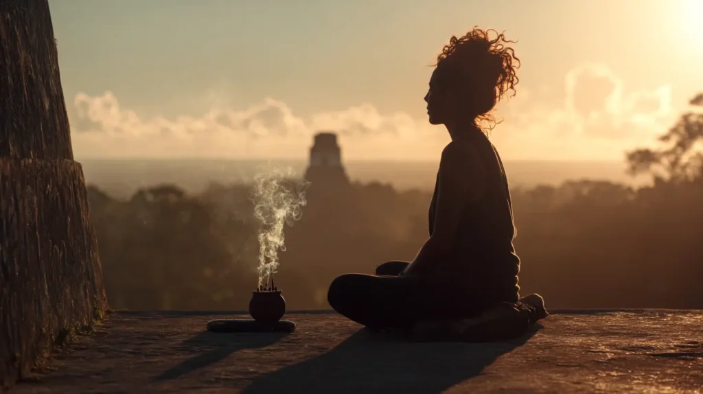 Mujer meditando al amanecer ante pirámide maya, copal humeando; ritual mesoamericano para elevar la vibración energética