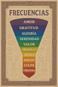 frecuencias Escala de frecuencias vibratorias con colores degradados del miedo al amor, inspirada en la sabiduría mesoamericana y el crecimiento espiritual. Ilustración educativa de Kalma Tonalli sobre vibraciones altas y bajas para elevar tu energía y sanar el Tonalli.