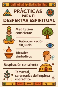infografia_practicas_espirituales Infografía con prácticas para el despertar espiritual: meditación consciente, autoobservación sin juicio, rituales simbólicos, respiración consciente y temazcal