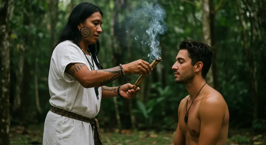 limpia_con_copal Hombre indígena realiza una limpia energética con copal sobre una persona con los ojos cerrados, en medio de la selva maya