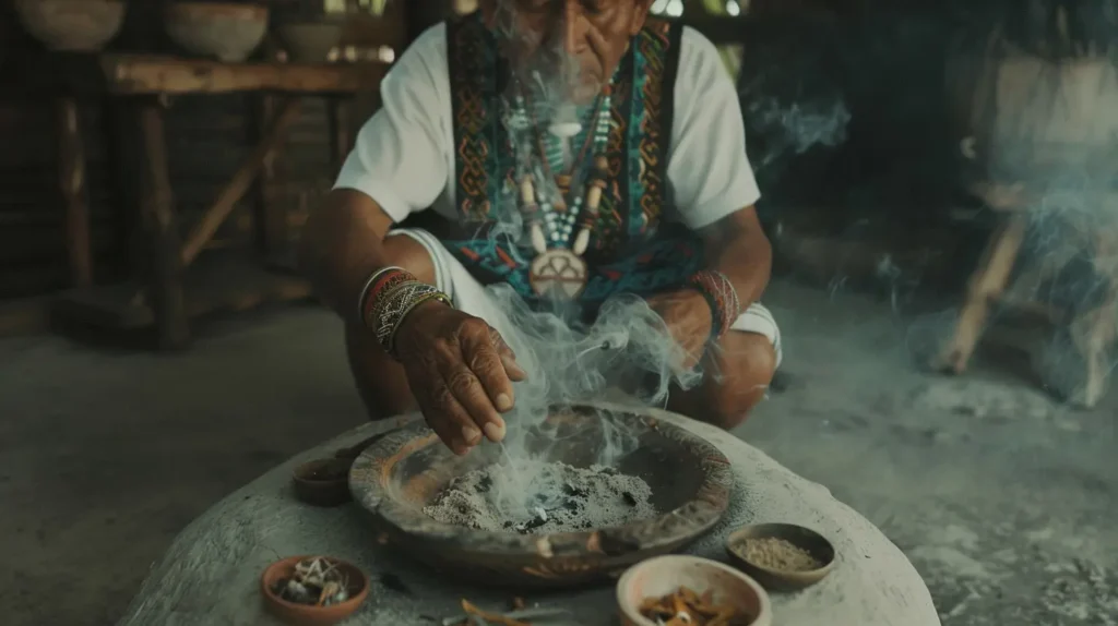 Hombre indígena realizando una limpia energética con copal, sentado frente a un sahumador de barro con humo en espiral.