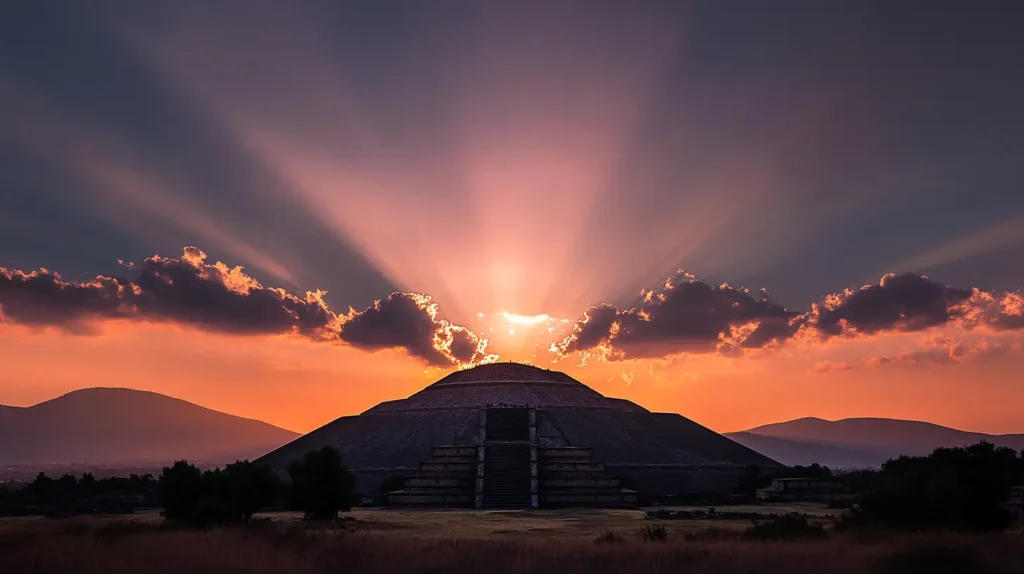 luz_azteca Amanecer sagrado sobre la Pirámide del Sol en Teotihuacán, con rayos de luz dorada atravesando las nubes. Fotografía espiritual de un sitio ancestral mexica, ideal para temas de energía solar, conexión con la naturaleza y rituales de luz en la cosmovisión mesoamericana