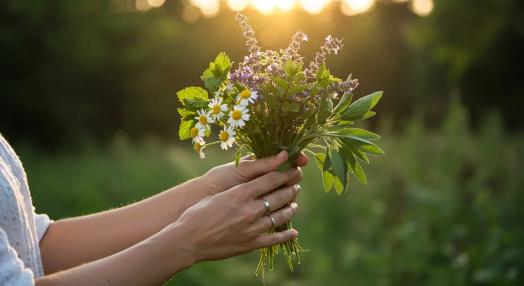 Manos sosteniendo un ramo de hierbas frescas al atardecer para limpieza energética natural"