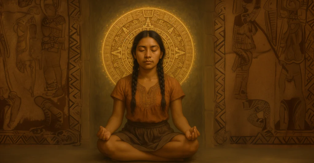 Mujer joven con ojos cerrados meditando frente a un calendario azteca dorado, símbolo de energía vital Tonalli en la espiritualidad mesoamericana.