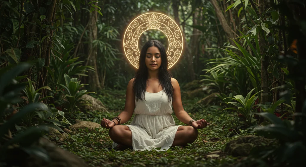 mujer_azteca_meditacion Mujer sentada en posición de meditación en medio de la selva, con un halo dorado detrás representando su energía espiritual Tonalli.