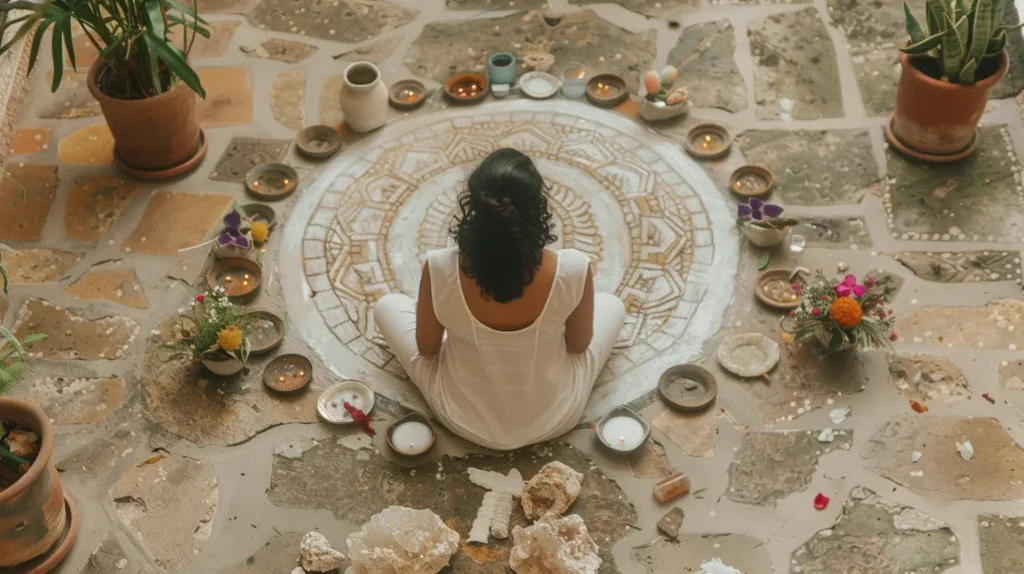 ritual_copal Mujer sentada en posición de meditación frente a un mandala de estilo prehispánico, rodeada de ofrendas, velas, cuarzos y flores.