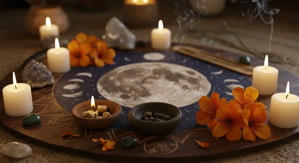 Altar circular de ritual de luna llena con velas, flores de cempasúchil, copal y la luna pintada al centro sobre fondo oscuro