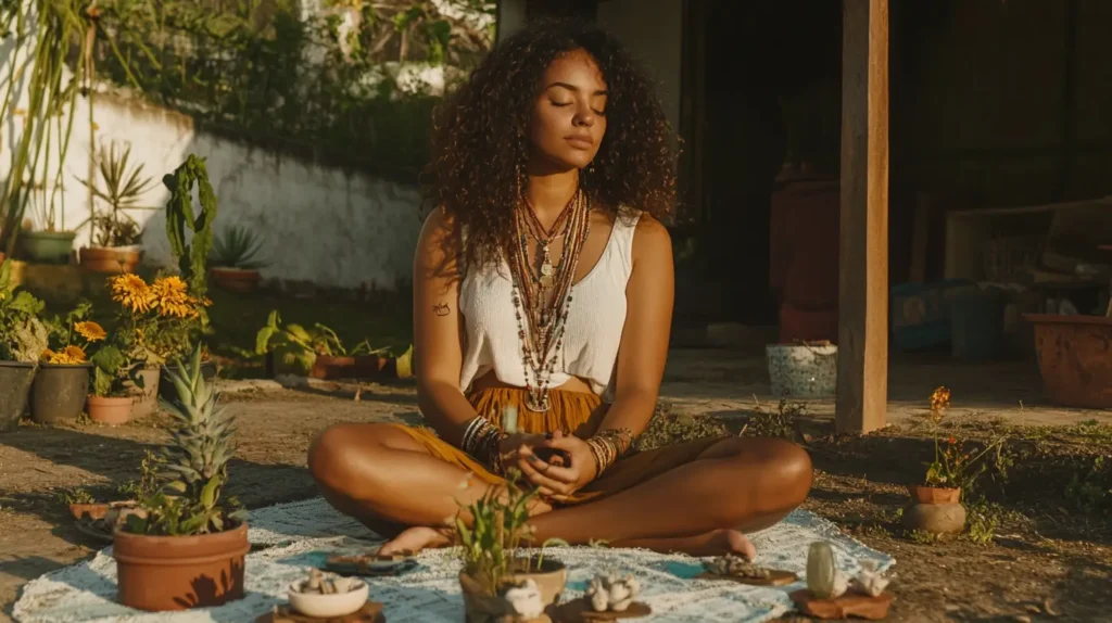 mujer haciendo ritual para sanar la ansiedad de con practicas prehispanicas