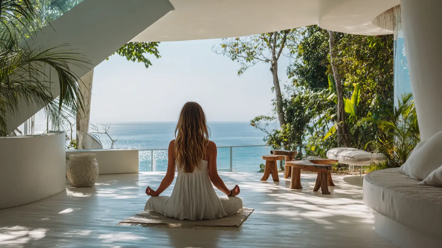 sanar_la_ansiedad_1 Mujer meditando frente al mar en una terraza rodeada de naturaleza tropical, practicando conexión interior para sanar la ansiedad naturalmente