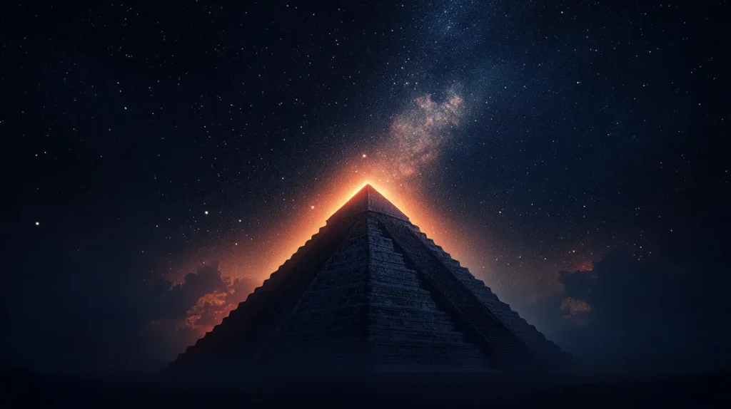 imagen ancestral de una piramide en una noche estrellada